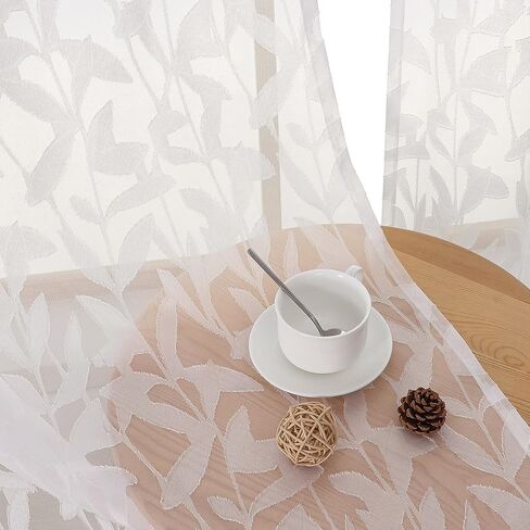 OWENIE Leyna 36 Inch Length Ivory Sheer Curtains Tiers 2 Pieces, Modern Leaf Jacquard Textured Short Kitchen Window Curtain for Living Room Bedroom, Modern Double Rod Pockets, 40Wx36L Inches in Kuwait