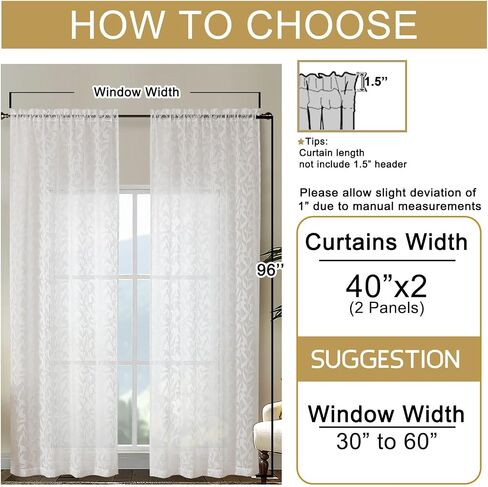 OWENIE Leyna 36 Inch Length Ivory Sheer Curtains Tiers 2 Pieces, Modern Leaf Jacquard Textured Short Kitchen Window Curtain for Living Room Bedroom, Modern Double Rod Pockets, 40Wx36L Inches in Kuwait