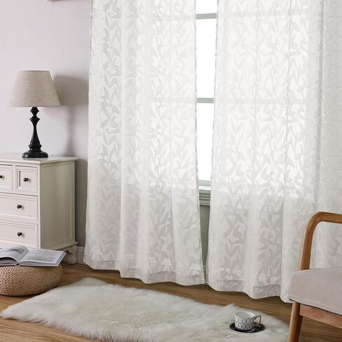 OWENIE Leyna 36 Inch Length Ivory Sheer Curtains Tiers 2 Pieces, Modern Leaf Jacquard Textured Short Kitchen Window Curtain for Living Room Bedroom, Modern Double Rod Pockets, 40Wx36L Inches in Kuwait