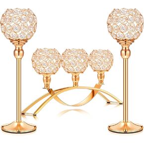 Set of 3 Pieces Gold Crystal Candle Holders, Tealight Candlestick Candelabra Stand with 3 Arms, Decorative Table Centerpieces Fireplace Home Living Room Decor for Wedding Housewarming Anniversary