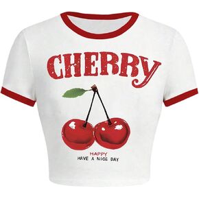 Girl's Cherry Graphic Tees Crew Neck Short Sleeve Fitted Cute Crop Tops Summer T Shirt Trendy