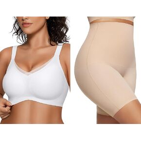 OEAK Womens Wireless Bras V Mesh Comfortable White XL & Tummy Control Shapewear Seamless Girdle Nude Shorts XL