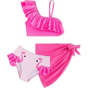 GORGLITTER Girl's 3 Piece Swimsuits Flamingo Print Ruffle Bikini Sets with Sarong Wraps Cover Up