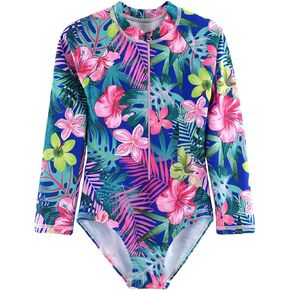 Girls Long Sleeve One Piece Swimsuit Rash Guard Swimwear Zipper Quick Dry Bathing Suits Sun Protection UPF 50+ (Ages 4-12)