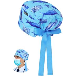 Ocean-Themed Light Blue Scrub Caps for Women and Men with Buttons, Euro Style Working Hat with Fish and Starfish Patterns, Adjustable Ribbon for Long or Short Hair