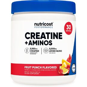 Nutricost Creatine + Aminos 30 حصص (Fruit Punch Flavored) - 5000 ملغ من الكرياتين أحادي الهيدرات + 5000 ملغ مزيج الأميني BCAA لكل وجبة