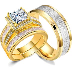 CEJUG 18K Gold Plated Wedding Bands Sets for Him and Her Wedding Rings Engagement Ring Bridal Ring Women Matching Men's CZ Titanium Band