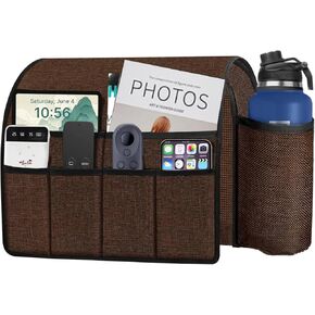NTOMTUEX SOFA ARCHAIR CADDY CADDY REMOTE حامل مع زجاجة ماء لكرسي الأريكة ، منظم مسند الذراعين مع تصميم 7 جيب للمجلات ، النظارات ، iPad ، الهاتف ، القهوة