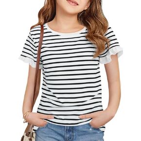Haloumoning Girls Striped Ruffle Short Sleeve T Shirts Kids Summer Crewneck Tops Casual Tees 5-14 Years