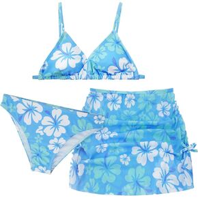 Happy Cherry Girls 3 Pieces Bikini Set Floral Print Wrap Swimsuit Drawstring Beach Skirt Cute Ruched Bathing Suit