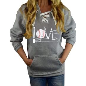 Hoodies النسائية للبيسبول للسيدات طويلة الأكمام الدانتيل لأعلى رقبة الحب طباعة غير رسمية للبلوزات الرياضية الرياضية مع الجيوب