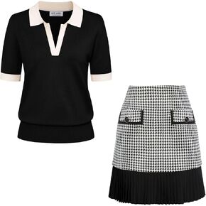 Kate Kasin Women Short Sleeve Polo Sweater and Women's Casual Plaid Mini Skirt(XX-Large)