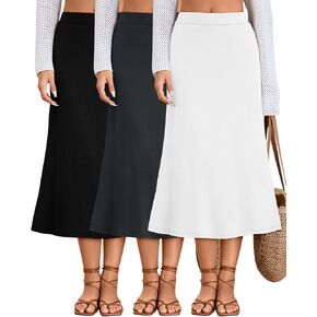 Huukeay 3 Pack Women's Midi Skirts with Pockets A Line Flared Stretchy High Waist Below Knee Skirt Dressy Casual Summer(Black, Dark Gray, White,X-Large)