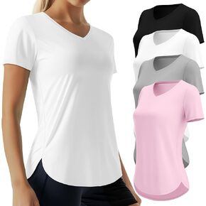 4 Pack Women's Short Sleeve Workout T Shirt Side Slits Curved Hem V Neck Breathable Exercise Tops Quick Dry UV Tee