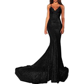 Women Spaghetti Strap Mermaid Long Sequin Evening Gown Open Back Prom Dress