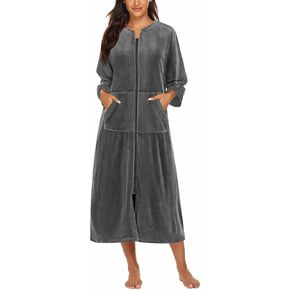 Ekouaer Robe for Women Velour Zipper Robe 3/4 Sleeves Housecoat Full Length Loungewear Long Bathrobe with Pockets
