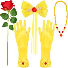 U-Goforst Princess Costume Accessories for Girls, Yellow Hair Bow Gloves Necklace Rose Set for Halloween Dress Up Party