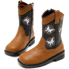 DADAWEN Toddler Girls Cowgirl Boots Mid Calf Square Toe Kids Cowboy Boot Glitter Butterfly Embroidered Side Zipper Western Boots Riding Shoes
