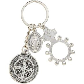 Needzo Saint Benedict Key Chain with One Decade Rosary Ring and Miraculous Medal, Keychain for House or Car Keys, 3 1/2 Inches