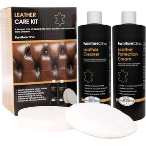 Furniture Clinic Large Leather Care Kit | Leather Cleaner + Protection Cream for Furniture | Two 17oz Bottles + 1 Sponge & 1 Cloth | Condition and Restore Leather Couches, Car Seats, Jackets, & Boots