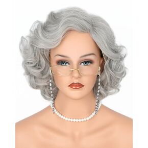 Grey Old Lady Costume Wig and Accessories Set Short Curly Granny Wigs Halloween Paty Cosplay Wig