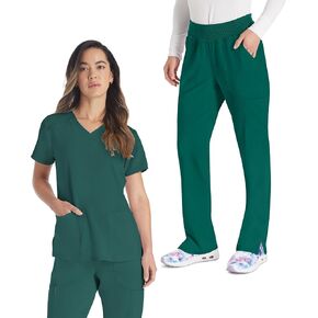 مجموعة Dickies Scrub للنساء V-Neck Top DK615 Natural Rise Natural Tapered Leg Pant-On Pant DK005 مع نسيج امتداد 360 درجة ، صيد أخضر-XL TOP/XL PETITE PANT in Kuwait