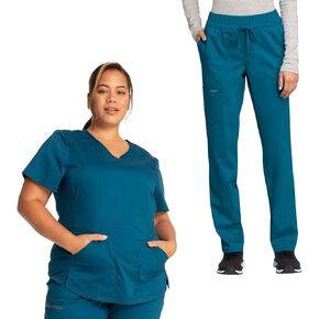 مجموعة شيروكي فرك للنساء V -neck Scrub Top WW601 Mid Rise مدبب الساق الساق فرك Pant WW105 ، الكاريبي الأزرق - M TOP/M PANT
