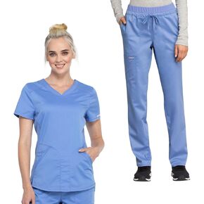 مجموعة فرك شيروكي للنساء V -neck Scrub Top WW601 Mid Rise Inpeded Leg Squartring Scrub Pant WW105 ، Ciel - M Top/M Pant