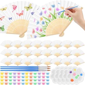 Maitys 96 Pcs/24 Set Blanks Paper Fans with Acrylic Paint Set White Folding Hand Decorative Fans Bulk DIY Crafts for Wedding, Outdoor Party Favors, Bridal Shower DIY Decoration Photography Props
