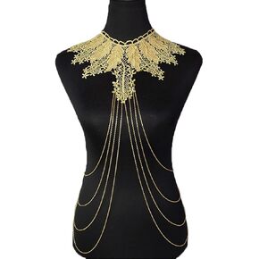 Gold Fine Body Chain Flower Lace Bikini Body Chain Necklace Jewelry Elegant Vintage Beach Tassel Lace Body Layered Chain Gift for for Women Girls Type C