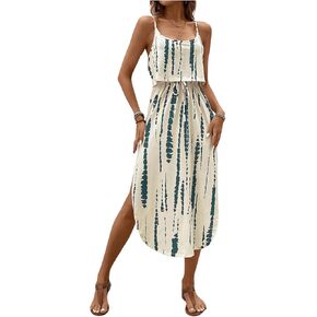 Women's Spaghetti Strap Tie Dye Cami Dress Scoop Neck Split Thigh Midi Dresses Knot Front Sun Dresses