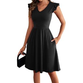 باراسا للسيدات الصيفية الثياب الخامس رقبة كشكش أكمام Sundress a-line طول الركبة حفل كوكتيل مع جيوب D648