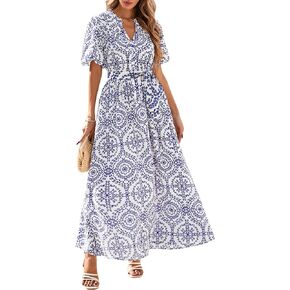 KIRUNDO Women Puff Sleeve Boho Floral Maxi Dress 2025 Spring Summer Button Shirt V Neck Flowy Belted Beach Vacation Dresses