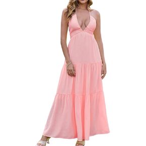 Glnege Summer Maxi Beach Dress Boho Halter v Deck Backless Bow Dresses Flowy Strendy Croffle Sundress for Women 2025