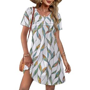 OFEEFAN Womens Pleated Front Dresses Fashion Spring Puff Sleeve Pockets Sundress Casual Summer