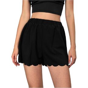 Women's Scallop Trim Elastic High Waisted Shorts Straight Leg Casual Summer Shorts