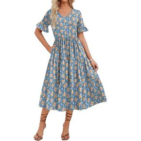Zeagoo Women's Summer Dresses Midi Tiered Casual Dress Floral V Neck Ruffle Short Sleeve Flowy Beach Dress with Pockets