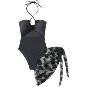 Milumia Women's One Piece Cut Out Bathing Suit Crisscross Tie Back Halter Swimsuit with Beach Skirt