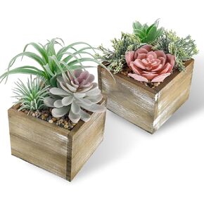 Der Rose 2 Pack Fake Plants Succulents Plants Artificial Plants in Wood Pots with Pink Flowers for Farmhouse Bathroom Decor