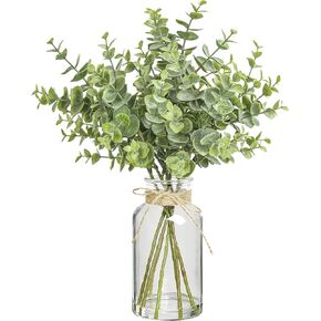 12" Artificial Eucalyptus Stems in Glass Vase with Faux Water, Realistic Eucalyptus Leaves Fake Plant Branch Greenery Decoration for Home Farmhouse Bathroom Kitchen Wedding Centerpiece Table Décor