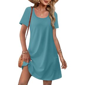 OFEEFAN Summer Dresses for Women 2025 Loose U Neck Short Sleeve Casual Beach Vacation Tshirt Dress Sundresses wih Pockets