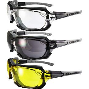 Birdz Eyewear Gasket Safety Padded Motorcycle Sport Sunglasses 3 Pairs Black-Grey Frames with Smoke Clear & Yellow Lenses