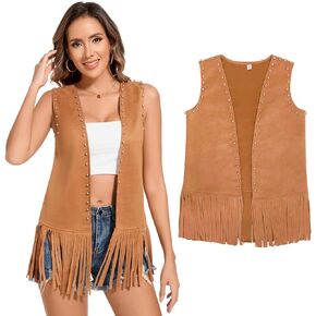 60s 70s Hippie Costume Disco Outfits Fringe Vest Faux Suede Rivets Sleeveless Tassel cowgirl Jacket Halloween