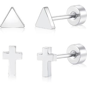 2 Pairs Flat Back Earrings Women, Titanium Star and Moon Earrings, Heart & CZ Flatback Stud, Butterfly & Lightning Screw Back, Crosses and Triangles Stud, Gold/Pink/Silver/Black Options
