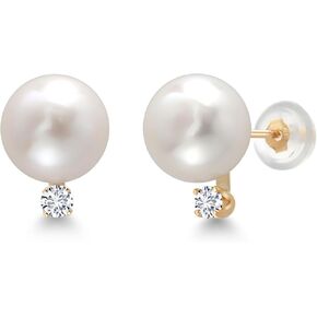 Gem Stone King 14K Yellow Gold Cultured Freshwater Pearls and White Lab Grown Diamond Stud Earrings For Women (Pearl: 6.5MM, Diamond: 0.13 Cttw, Round 2.5MM)