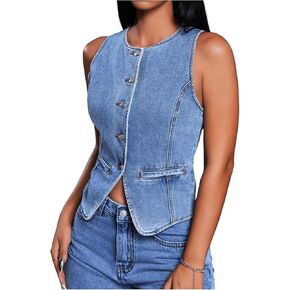 Wdirara Women's Button أسفل بلا أكمام الدنيم سترة الطاقم محصول Jean Jean Justcoat