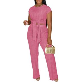 HBQ Women's Summer 2 Piece Outfits Lounge Sets Short Sleeve Belted Crop Tops Wide Leg Pant Sets Casual Tracksuit