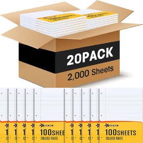 Fainne 20 Pack Notebook Paper Bulk College Ruled 8 x 10.5'' College Ruled Loose Leaf Paper Bulk Notebook Paper Lined Filler Paper for 3 Ring Binders for College School Classroom 100 Sheets Per Pack