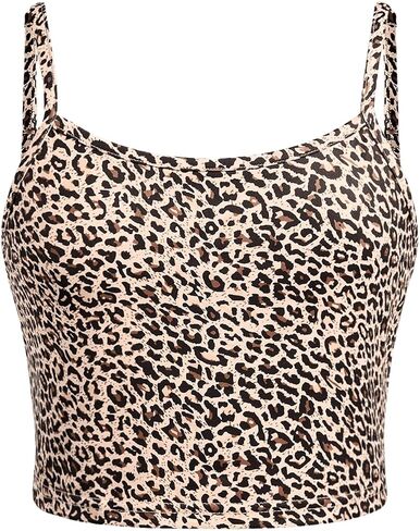 Wdirara Girl's Leopard Print Cami Top Crew Neck Spaghetti Strap Camisole Slim Fit Crops in Kuwait