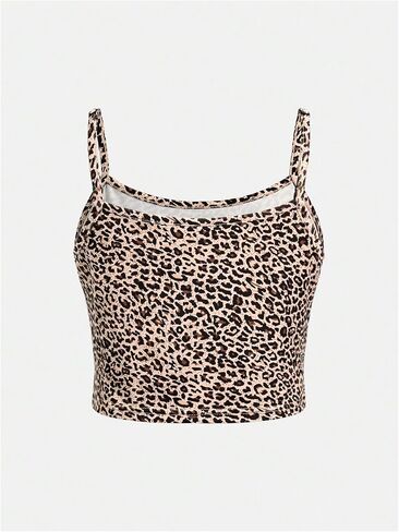 Wdirara Girl's Leopard Print Cami Top Crew Neck Spaghetti Strap Camisole Slim Fit Crops in Kuwait